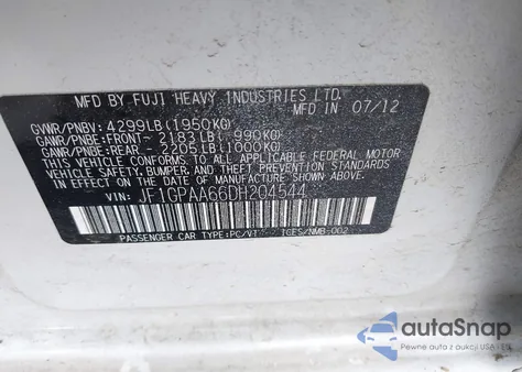 2013 Subaru Impreza 2.0I from USA, damaged, VIN JF1GPAA66DH204544